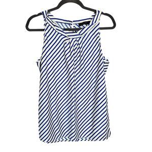 The Limited Sleeveless Top Womens L Blue White Stripe Blouse Silky Pleated Tank